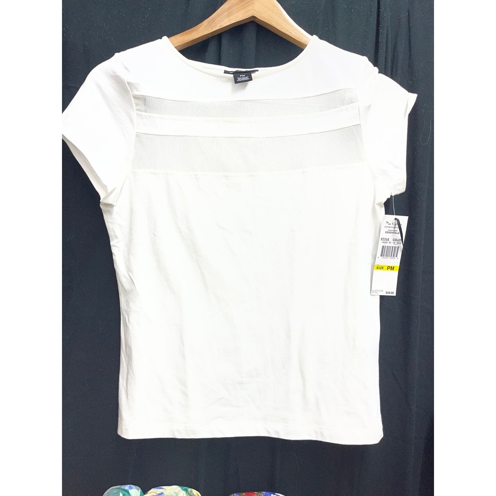 Nue Options Petite White Mesh Panel Short Sleeve‎ Top Tee PM NWT